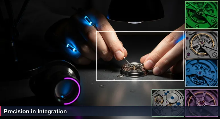 A watchmaker in Schaan adjusting intricate watch gears, symbolizing the synchronized AI startup ecosystem in Liechtenstein's tech landscape.