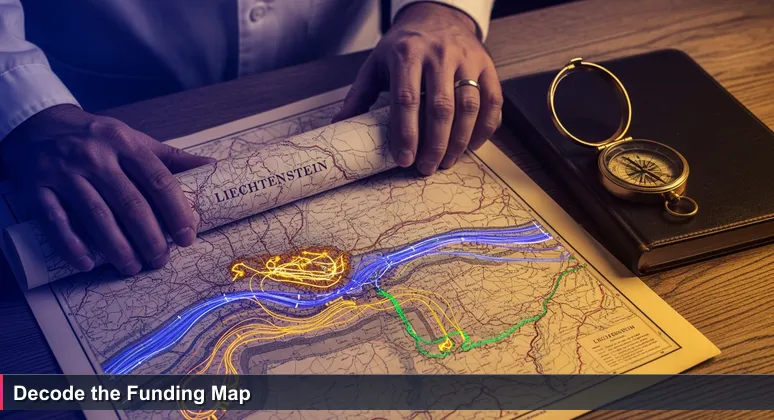 Geologist's hands unrolling a vintage map of Liechtenstein with digital overlays symbolizing hidden funding layers for tech training.