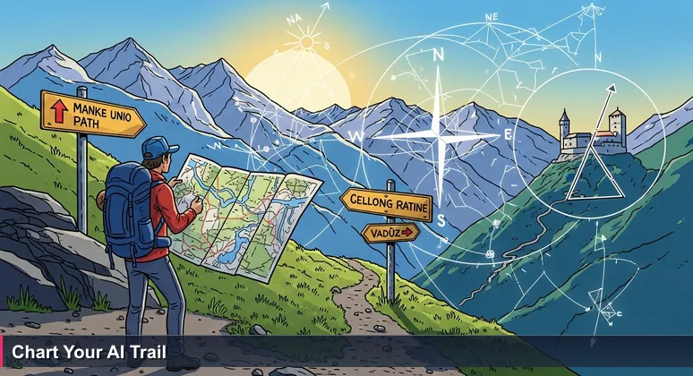 A hiker at an Alpine trail junction at dawn, with signs pointing to different paths and Vaduz Castle in the background, symbolizing career choices in AI networking for Liechtenstein professionals.