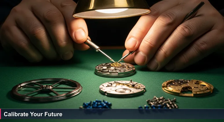 A watchmaker's hands adjusting a tiny escapement on a watch movement, symbolizing the precision and hidden craftsmanship in AI engineering careers in Liechtenstein.