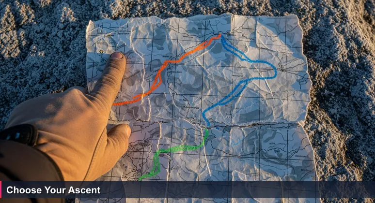 A climber's gloved hand tracing colored chalk routes on a weathered map against a rock face in the Liechtenstein Alps, representing career choices in tech.