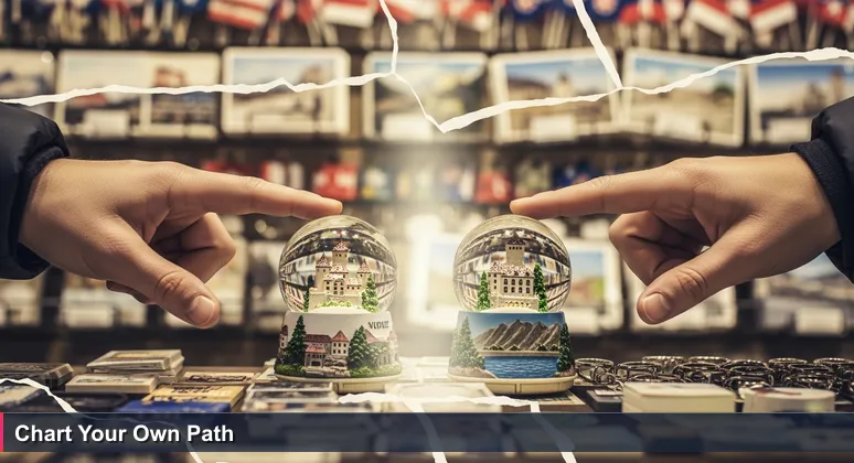 Hands holding two snow globes in a Vaduz shop: one with Liechtenstein Castle, one with the Rhine, representing AI bootcamp choices for Liechtenstein professionals.