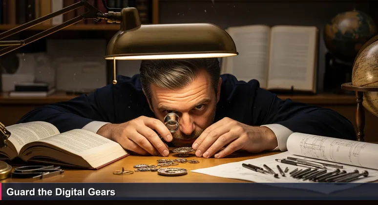 A master watchmaker in Vaduz uses a loupe to inspect delicate timepiece gears, symbolizing the precision required for cybersecurity roles in Liechtenstein.