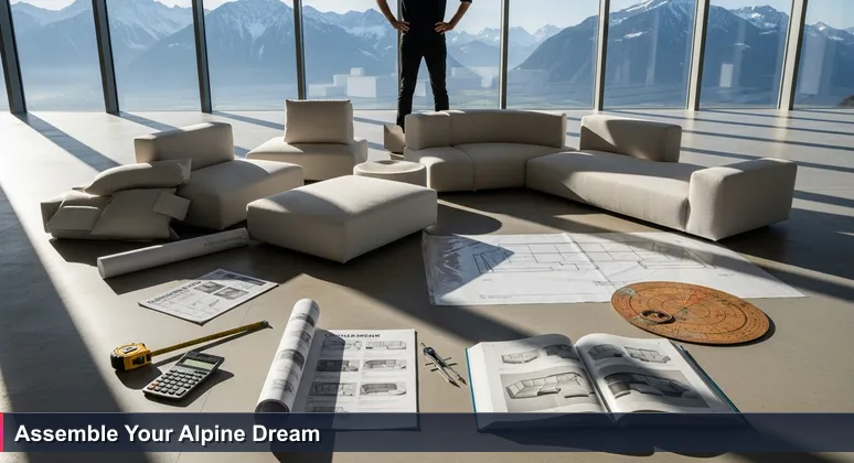 A person in a sunlit room with unassembled sofa pieces, a calculator, and tape measure, with alpine peaks visible, symbolizing the puzzle of affording life in Liechtenstein.