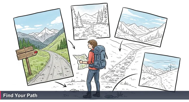 A hiker at an Alpine trail junction above Vaduz, symbolizing free tech training choices in Liechtenstein's community hubs.