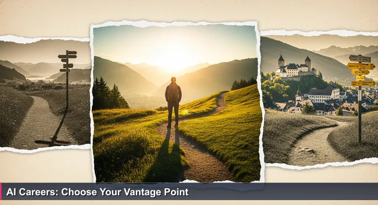 A hiker at a trail fork in the Rhine Valley, choosing between a crowded main path and a scenic side path overlooking Vaduz Castle and Schaan's industries.