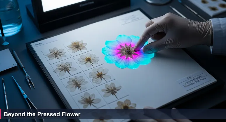 A botanist's hand pressing a rare alpine flower onto parchment in a herbarium, symbolizing the balance between cataloging workspaces and nurturing living innovation networks in Liechtenstein.