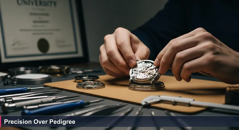 Close-up of skilled hands assembling a precision watch component on a leather mat, with a blurred university diploma in the background, symbolizing craftsmanship over credentials in Liechtenstein's tech sector.