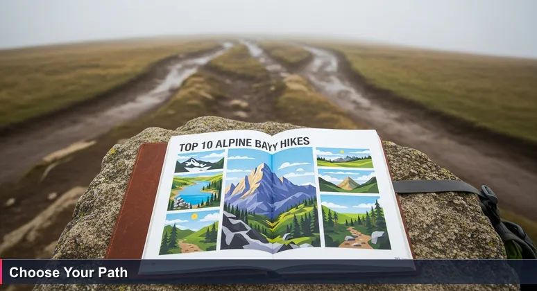 A weathered hiking guidebook on a stone at a mountain trail fork, symbolizing the choice of tech startups for junior developers in Liechtenstein.