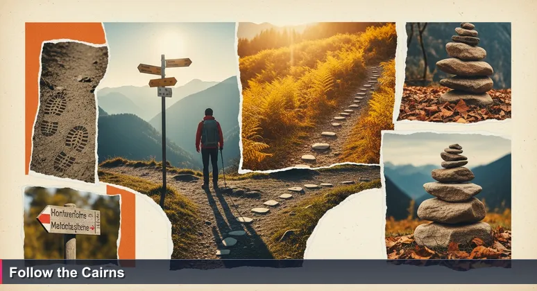 A woman hiker at a trail fork in the Alpine Rhine Valley, with cairns marking the path, symbolizing women navigating tech careers in Liechtenstein.