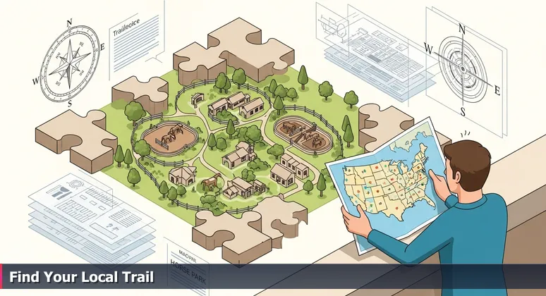A person at Kentucky Horse Park looking frustrated while holding a US map, with unlabeled local stables and trails in the background, representing the gap between abstract AI knowledge and Lexington's specific career opportunities.