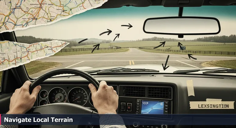 A car GPS screen displays 'You have arrived' in Lexington, Kentucky, with a horse farm visible through the windshield, symbolizing the AI career journey in the Bluegrass region.