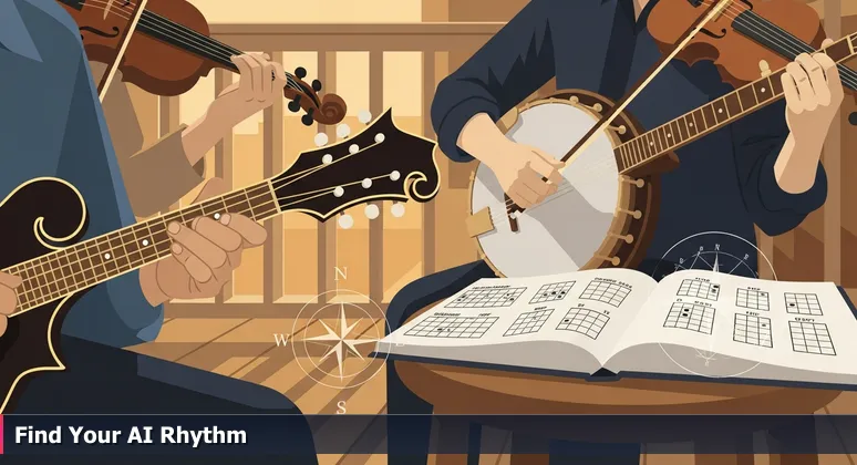 Close-up of hands hesitating on a mandolin fretboard, with blurred banjo and fiddle in warm light, symbolizing joining Lexington's AI community jam session.