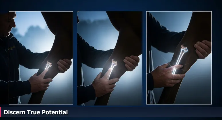 A horse trainer's hands assessing a young horse's leg at dawn in a Keeneland barn, metaphor for evaluating AI engineering careers in Lexington.