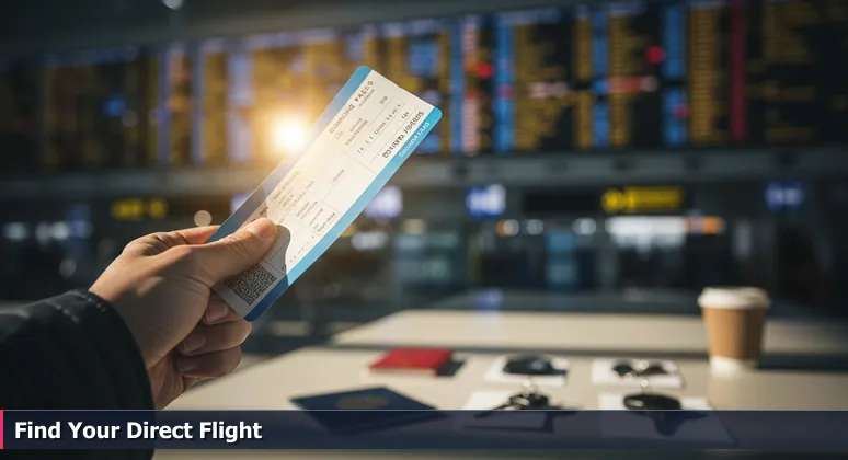 A close-up of a hand holding a wrinkled boarding pass in front of a blurred airport departure board with flight statuses like DELAYED and BOARDING