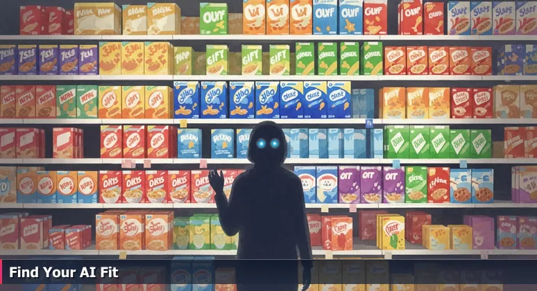 A person in a Lexington grocery aisle, overwhelmed by cereal boxes labeled with AI bootcamp options, symbolizing the challenge of choosing the right tech education.