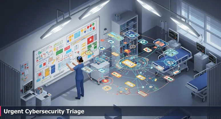 A nurse in a hospital emergency room analyzing a triage board with patient data and priority tags, symbolizing the urgent need for cybersecurity specialists in Lexington's 2026 job market.