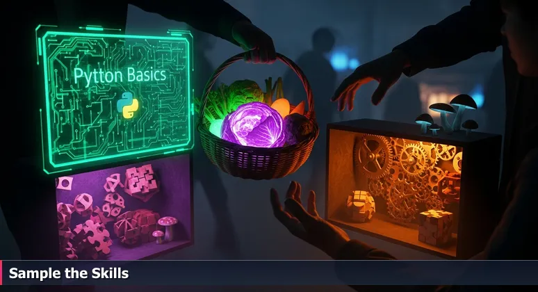 Hands at a Lexington farmers market, choosing between a tech training sign and creative puzzles, symbolizing abundant free learning options for career growth.