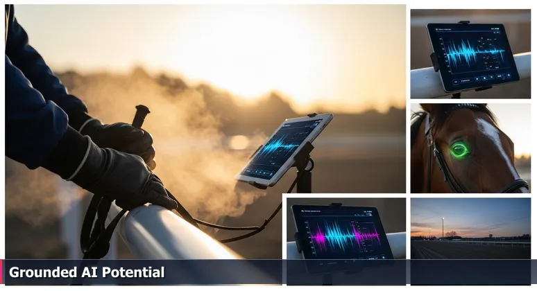 A jockey's hands holding reins at Keeneland racetrack at dawn, with a digital tablet in the background displaying AI gait analysis data for a thoroughbred, symbolizing AI integration in Lexington's traditional industries.