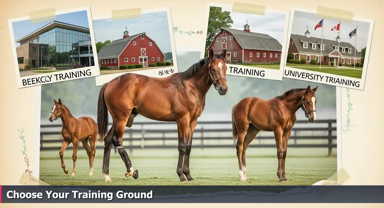 A young thoroughbred yearling in a misty Bluegrass paddock with modern, classic, and university-affiliated training barns in the background, symbolizing Lexington's tech coworking spaces for startups.