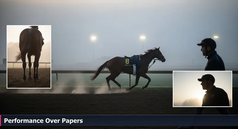 A pre-dawn training scene at Keeneland in Lexington, with a horse running and a trainer assessing its performance, symbolizing tech hiring based on skills over degrees.