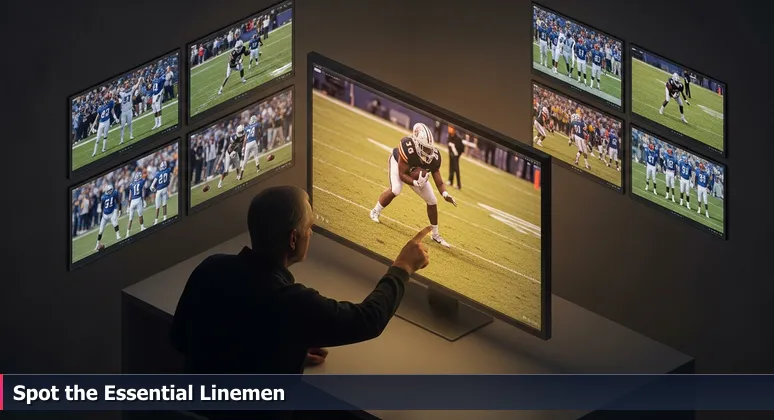 A veteran football scout points at a lineman in grainy game footage, symbolizing the discovery of foundational AI startups in Columbia, Missouri.