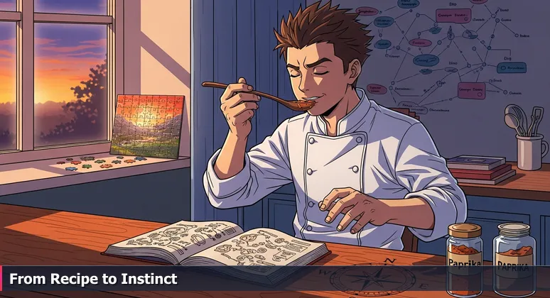 A chef in a Columbia, MO home kitchen tasting sauce, symbolizing the transition from AI theory to practical application in local careers.