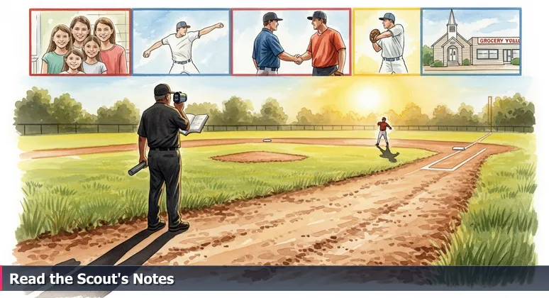 A baseball scout in Columbia, MO, using a radar gun and notebook to symbolize evaluating tech careers beyond just salaries.