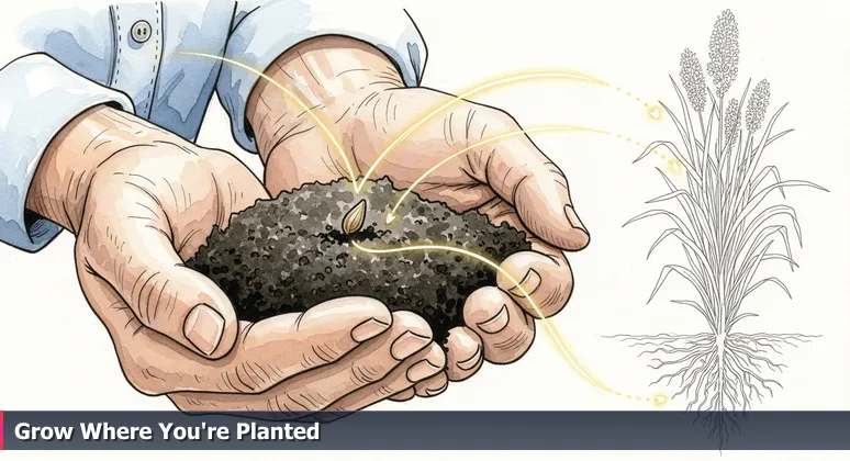Hands holding dark soil with a native seed, symbolizing resilient tech career growth in Columbia, Missouri for 2026.