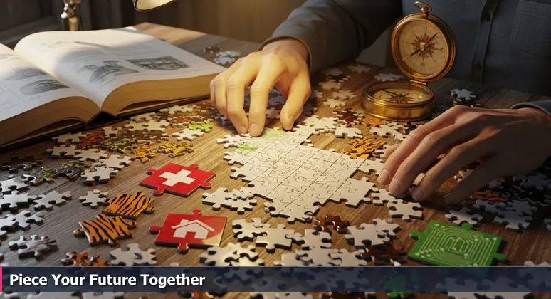 Close-up of hands sorting jigsaw puzzle pieces on a wooden table, with symbols for Columbia, MO tech funding: Mizzou tiger stripe, medical cross, home icon, and circuit board.