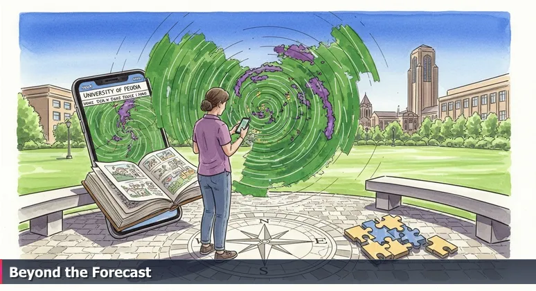 A professional on the University of Missouri campus in Columbia, MO, checks a phone showing a weather radar with storm systems, while the sky is clear, symbolizing the contrast between national AI salary trends and local reality.