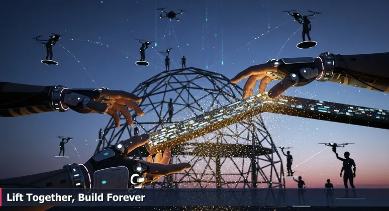 A community barn raising scene: weathered hands passing a wooden beam to a neighbor, with other members building a barn frame in the background, symbolizing collaborative AI networking in Columbia, MO.