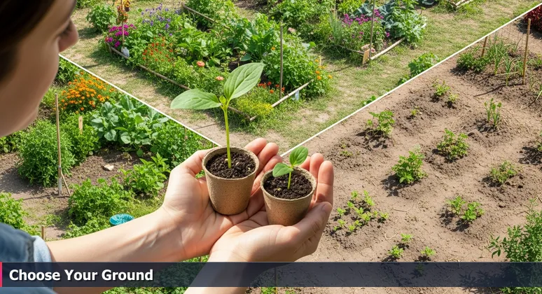 Gardener's hands deliberating over two seedlings with contrasting garden plots behind, representing career opportunities in Columbia, MO's tech scene.