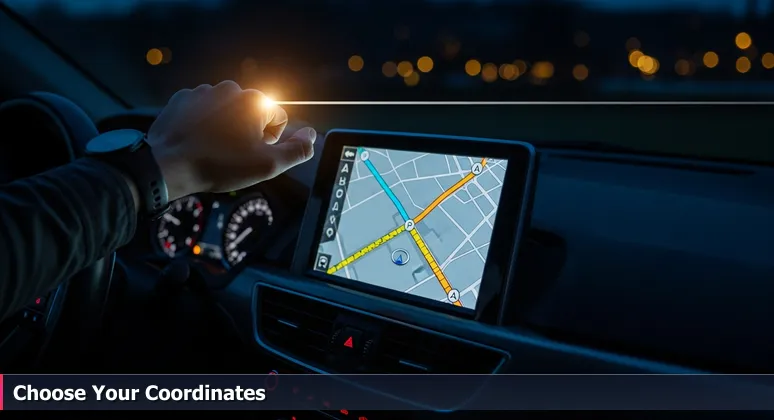 A driver's hand over a car's GPS screen at night, displaying glowing route options with a local road highlighted, symbolizing bootcamp choices in Columbia, MO.