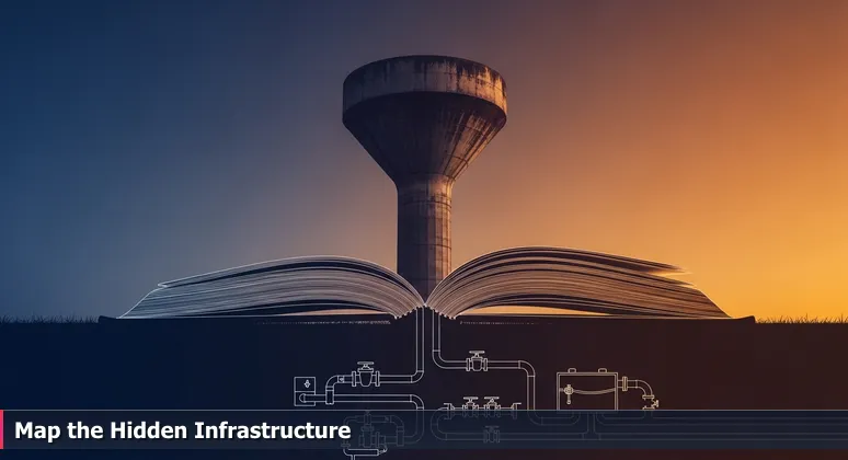 Silhouette of a Columbia water tower at dusk with underground pipes, representing the hidden cybersecurity job infrastructure and career pathways.