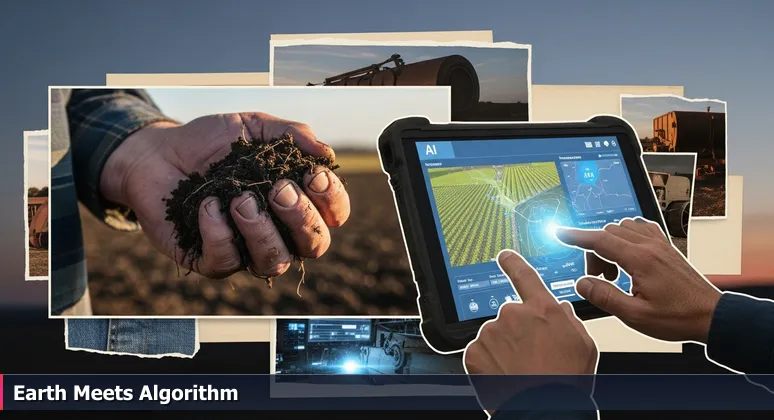 A farmer's hands in Missouri at dusk: one holds dark soil, the other swipes through a rugged tablet displaying AI-generated field maps for yield prediction.
