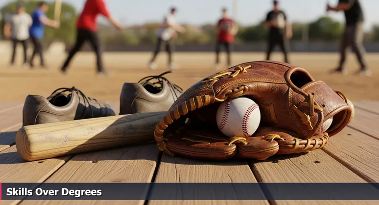 Close-up of a worn baseball glove on a sunlit wooden bench, with blurred background of diverse people in casual clothes playing baseball in a park, symbolizing skill-based tech opportunities.