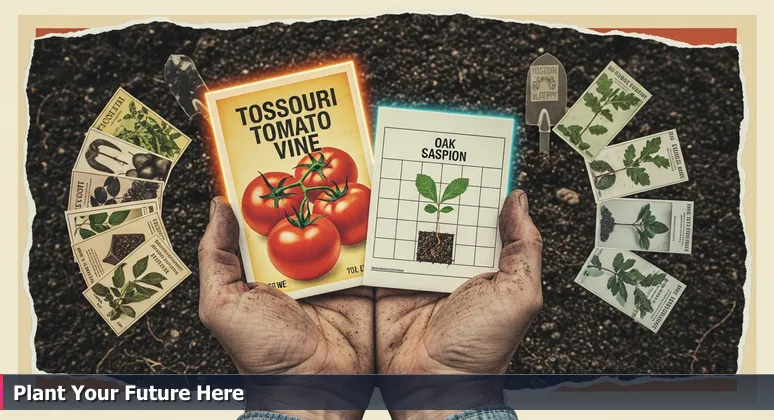 Weathered hands holding seed packets over dark, fertile Missouri soil, symbolizing career choices for junior developers in Columbia's tech ecosystem.