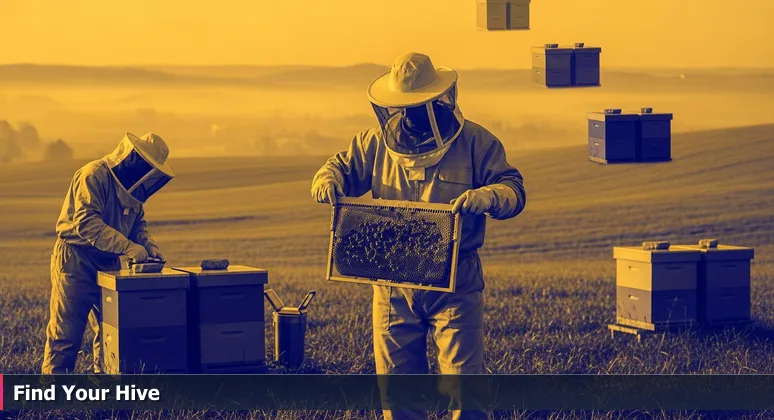A beekeeper inspecting a honeycomb at dawn, symbolizing community networks for women in technology in Columbia, Missouri.