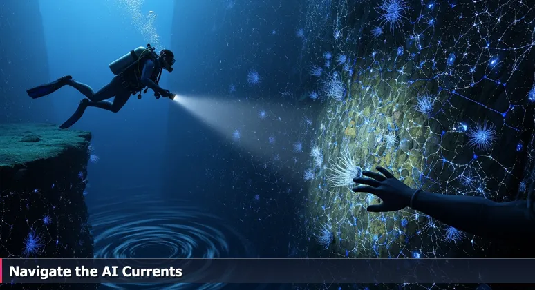 A scuba diver exploring a deep ocean trench with bioluminescent lifeforms, symbolizing the journey into Palm Bay's AI career opportunities on the Space Coast.