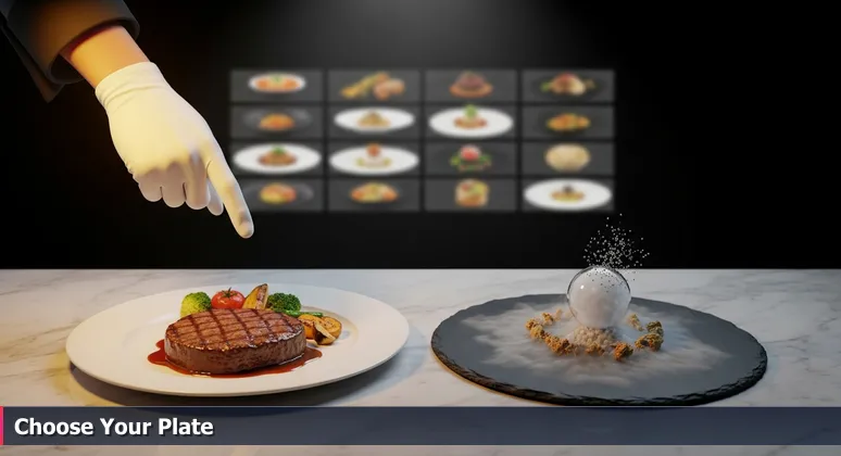 A diner's hand hesitating between a classic steak plate and a modern molecular gastronomy dish, symbolizing career choices between stable and risky tech jobs in Palm Bay.