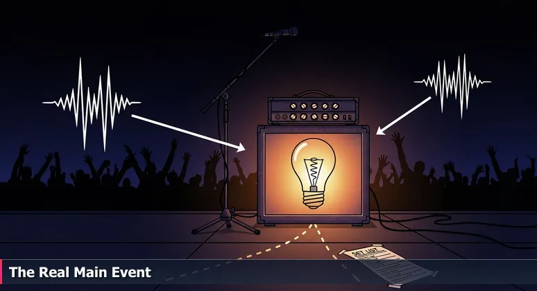 A glowing electric guitar amplifier on a dim backstage floor with a setlist, symbolizing Palm Bay's tech scene as the unexpected main event.