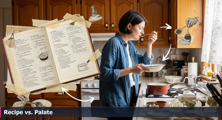 A person in a kitchen looking frustrated while tasting bland soup, with an open recipe book nearby, symbolizing the gap between generic AI learning and local engineering needs in Palm Bay, FL.