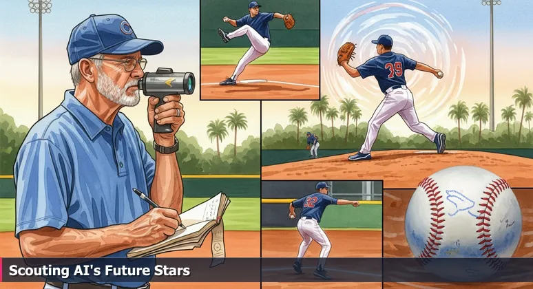 A baseball scout at a Florida spring training game, focusing on a rookie pitcher with a radar gun and notebook, symbolizing the evaluation of AI startups on the Space Coast.