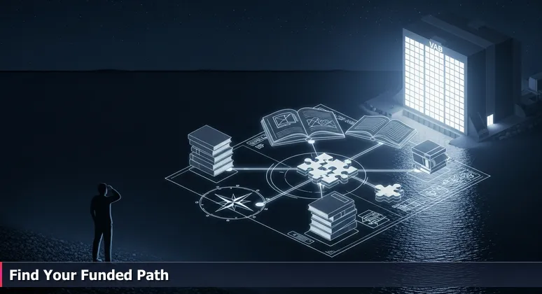 Silhouetted figure on Palm Bay's shore at night, looking towards Kennedy Space Center's lit Vehicle Assembly Building, symbolizing the search for tech training funding.