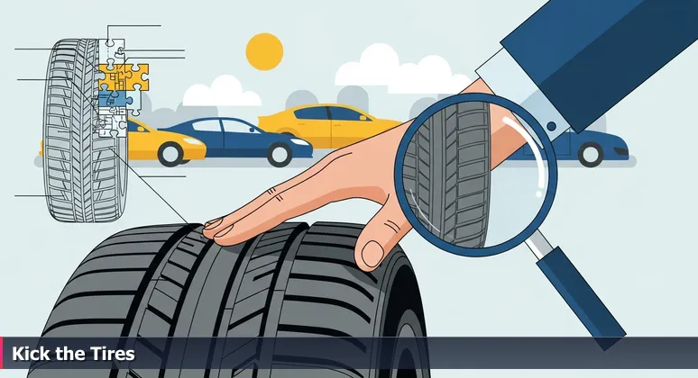 A hand inspecting a car tire on a sunny Palm Bay dealership lot, with a modern sedan in the background, symbolizing the careful evaluation of AI salary offers.