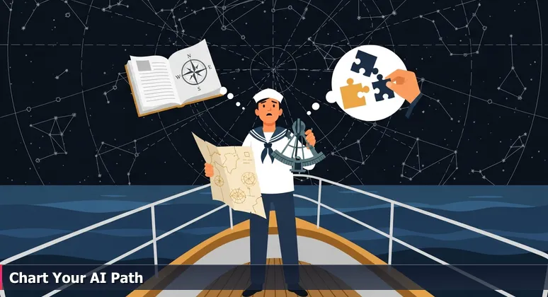 A sailor on a boat at night off the Space Coast, holding a nautical chart and sextant, looking up at a starry sky with constellations, symbolizing the search for AI networking guidance in Palm Bay.
