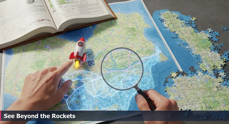 A frustrated tourist in Palm Bay squints at a simplistic map with a rocket icon, while complex local infrastructure like power grids and hospitals fades into the background.