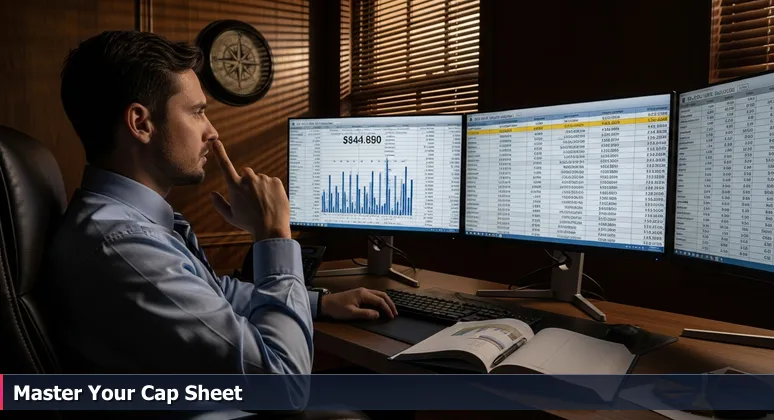 A general manager analyzing a spreadsheet comparing tech salaries to Palm Bay's cost of living in 2026, with sections for housing, taxes, and savings