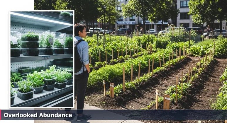 A person walks past a lush community garden labeled with free tech resources towards a sleek store selling expensive courses, symbolizing overlooked opportunities in Palm Bay.